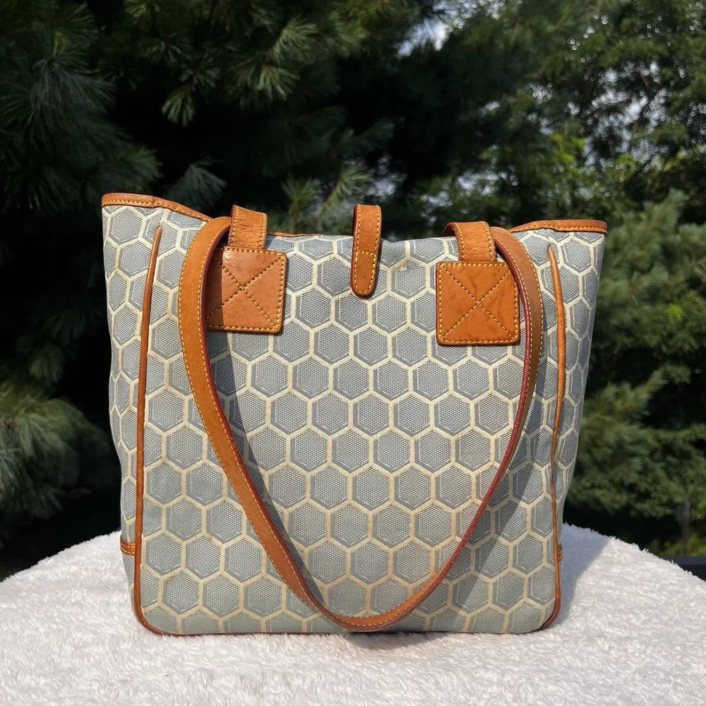 Vintage Dooney & Bourke USA Blue Woven Jacquard Leather Buckle Shoulder Tote